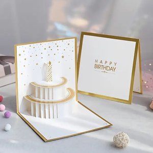 1pc New Creative Birthday Greeting Card, Bronzing Cake Handmade 3D Greeting Card